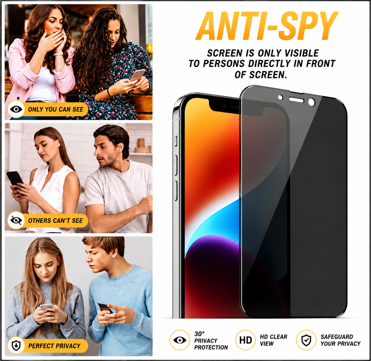 iPhone 17, 17 Pro, 17 Pro Max, 16, 16 Pro, 16 Pro Max, 15 , 15 Plus, 15 Pro, 15 Pro Max, 14 Series , 13 Series ,12 Series , 11 Series Privacy Screen Protector – 9H Anti Spy Tempered Glass [Pack of 3]