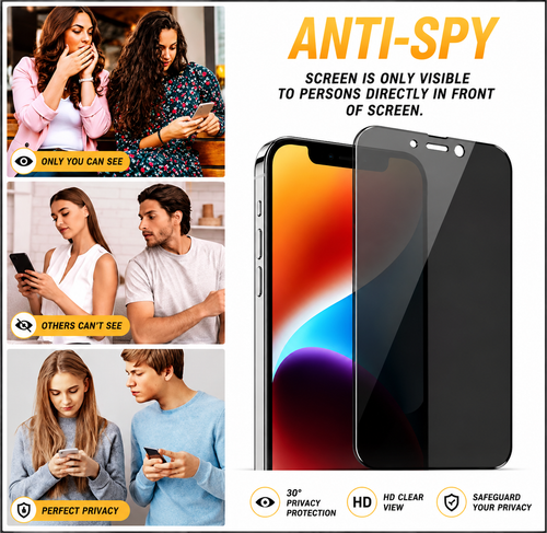 iPhone 17, 17 Pro, 17 Pro Max, 16, 16 Pro, 16 Pro Max, 15 , 15 Plus, 15 Pro, 15 Pro Max, 14 Series , 13 Series ,12 Series , 11 Series Privacy Screen Protector – 9H Anti Spy Tempered Glass [Pack of 3]