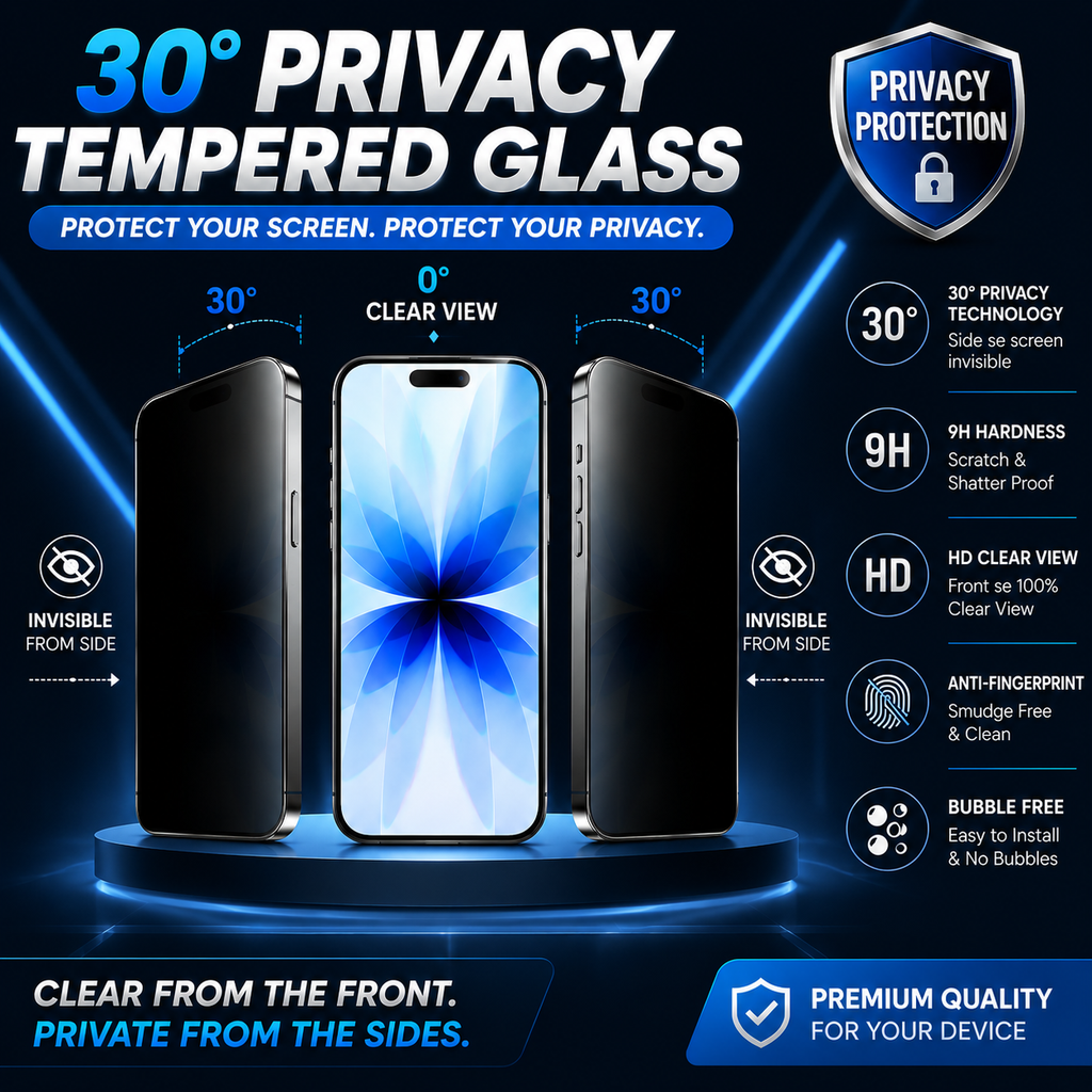 iPhone 17, 17 Pro, 17 Pro Max, 16, 16 Pro, 16 Pro Max, 15 , 15 Plus, 15 Pro, 15 Pro Max, 14 Series , 13 Series ,12 Series , 11 Series Privacy Screen Protector – 9H Anti Spy Tempered Glass [Pack of 3]