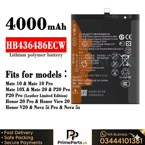 Huawei P20 Pro / Mate 10 / Mate 10 Pro Battery Replacement | HB436486ECW | 4000mAh | Prime Parts