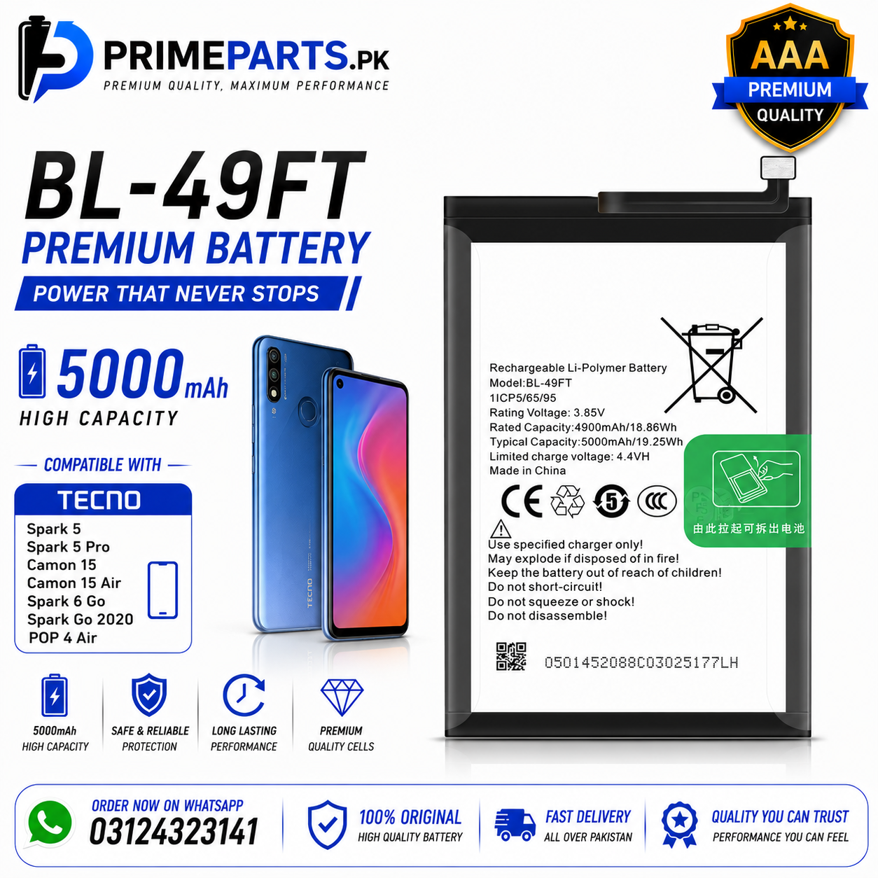 Tecno Spark 5 / Spark 5 Pro Battery Replacement | BL-49FT | 5000mAh | Prime Parts